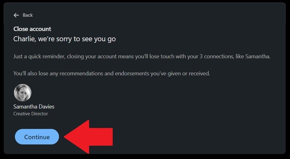 LinkedIn Закрыть аккаунт Продолжить