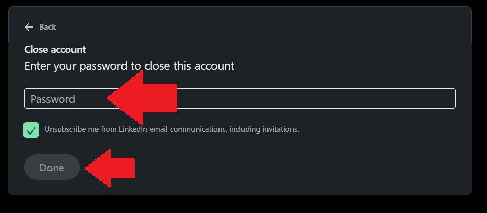 LinkedIn Введите пароль, чтобы закрыть учетную запись