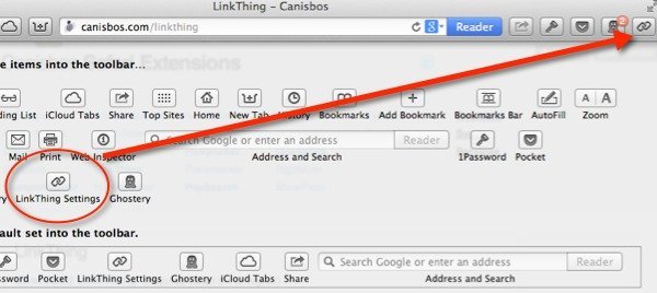 Перетащите значок настроек LinkThing на панель инструментов браузера.