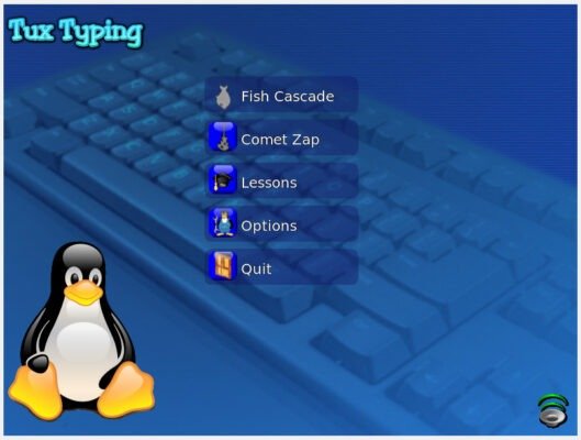 Целевой экран Tux Typing. Он показывает действия, которые вы можете выполнять в программе.