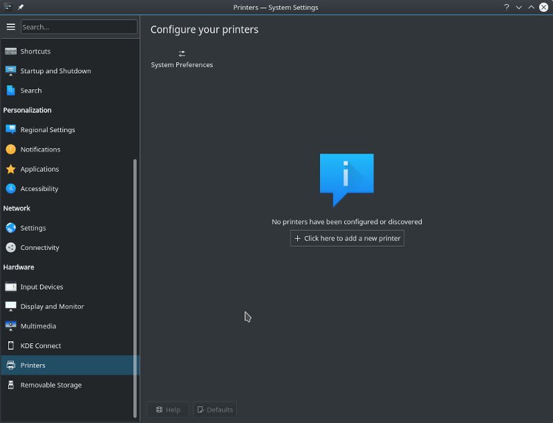 Настройки принтера KDE