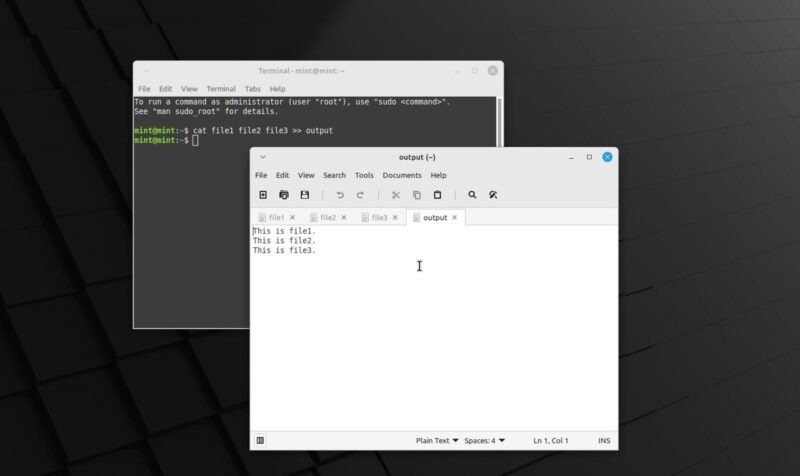 Терминал Linux, объединяющий выходные данные File1 File2 и File3 в выходной файл с выходным содержимым в редакторе текстовых файлов