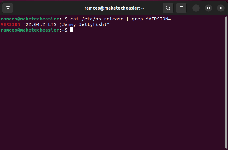 Терминал, показывающий выходные данные файла /etc/os-release, отфильтрованные с помощью grep для получения дистрибутивной версии системы.