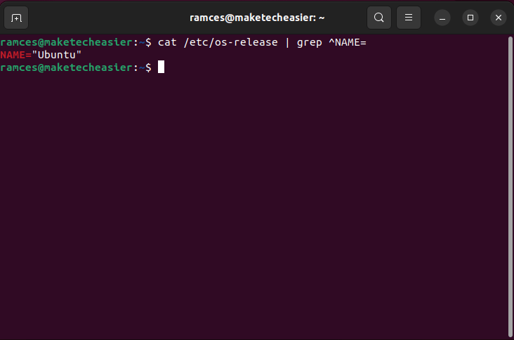 Терминал, показывающий выходные данные файла /etc/os-release, отфильтрованные с помощью grep для получения имени дистрибутива системы.