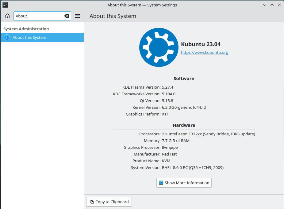 Снимок экрана окна настроек KDE Plasma, показывающий системные сведения о машине.