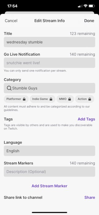 Приложения для прямых трансляций для iOS Twitch Edit Stream Info