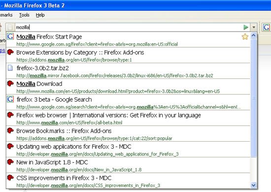 Скриншот Firefox 3 Beta 2: раскрывающийся список адресной строки