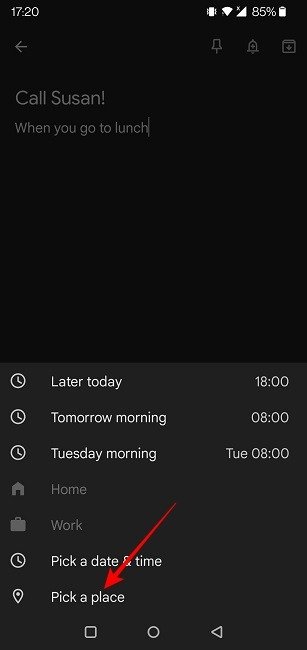 Напоминания на основе местоположения Android Keep Выберите место