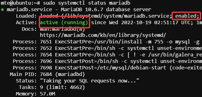 Статус стека Lomp Служба Mariadb