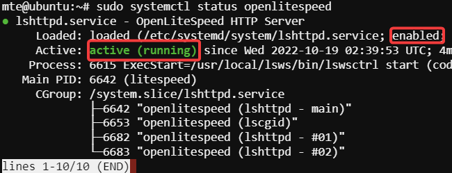 Статус Lomp Stack Служба Openlitespeed