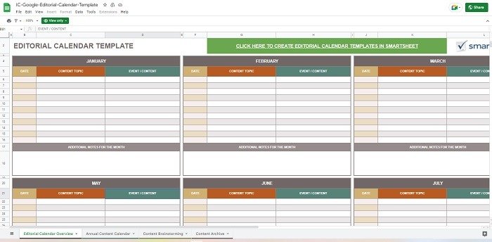 Ежемесячный обзор шаблона редакционного календаря в Google Таблицах