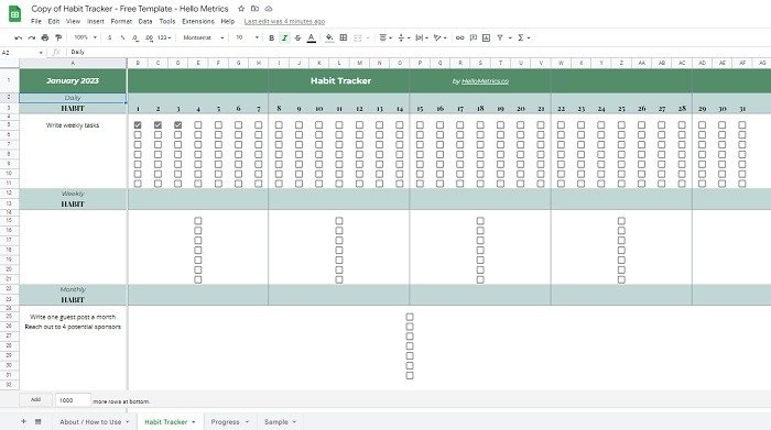 Отслеживание привычек с помощью шаблона календаря Habit Tracker в Google Таблицах