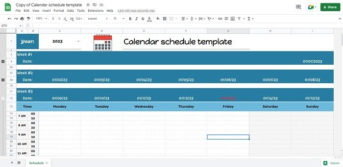 Multicolor Calendar Schedule, один из лучших шаблонов календарей Google Sheets для почасового планирования.