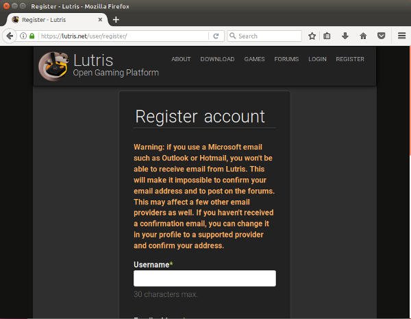 Создать учетную запись Lutris