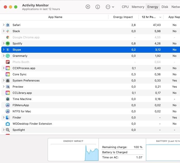 Снимок экрана, показывающий монитор активности на Mac