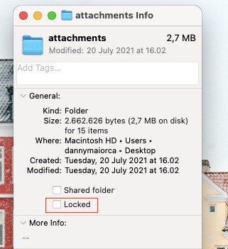 Снимок экрана, показывающий заблокированный раздел информации о файле на Mac