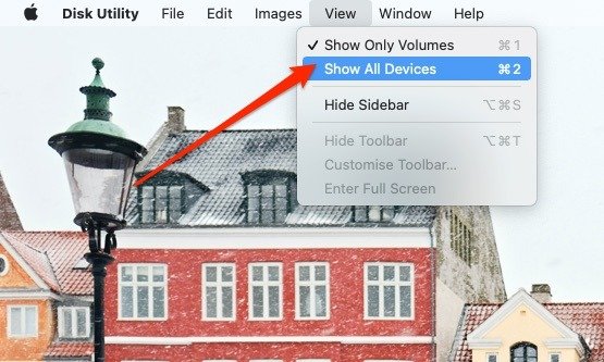 Снимок экрана, показывающий, где выбрать «Показать все устройства» в Дисковой утилите.
