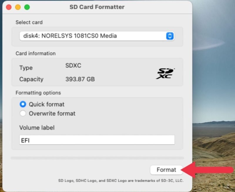 Откройте SD Card Formatter и выберите вариант форматирования.