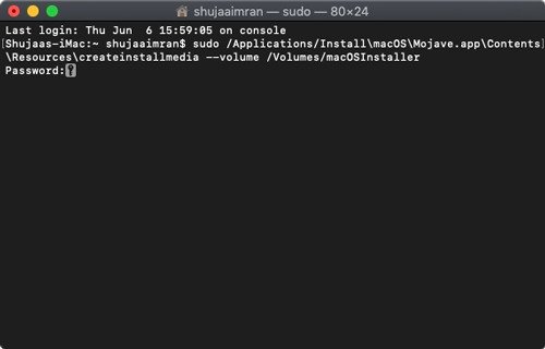 Команда терминала установщика Macos