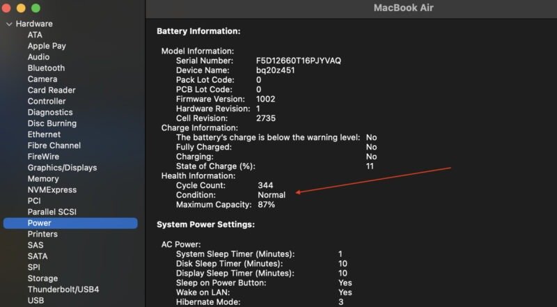 Информация о состоянии аккумулятора MacBook