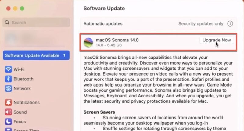 Обновление Macos Sonoma 14 в разделе «Обновление программного обеспечения»