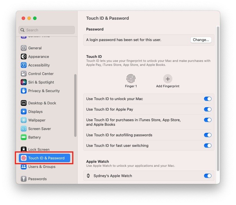 Настройки TouchID Macos