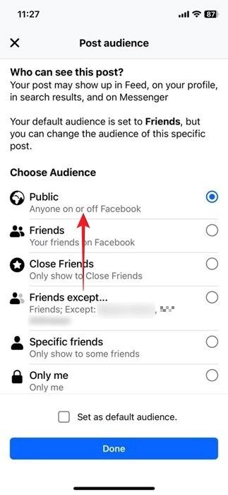 Переключение на общедоступный режим в окне «Опубликовать аудиторию» в приложении Facebook для iOS.