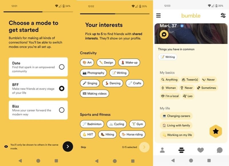 Обзор интерфейса приложения Bumble BFF.