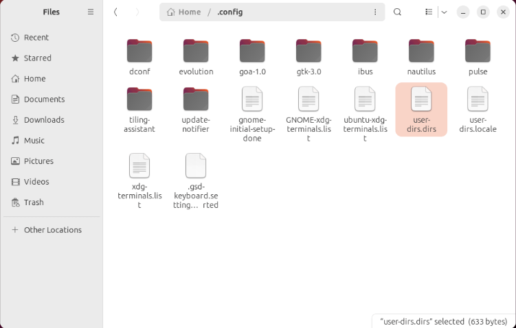 Снимок экрана, показывающий файл user-dirs внутри каталога .config.
