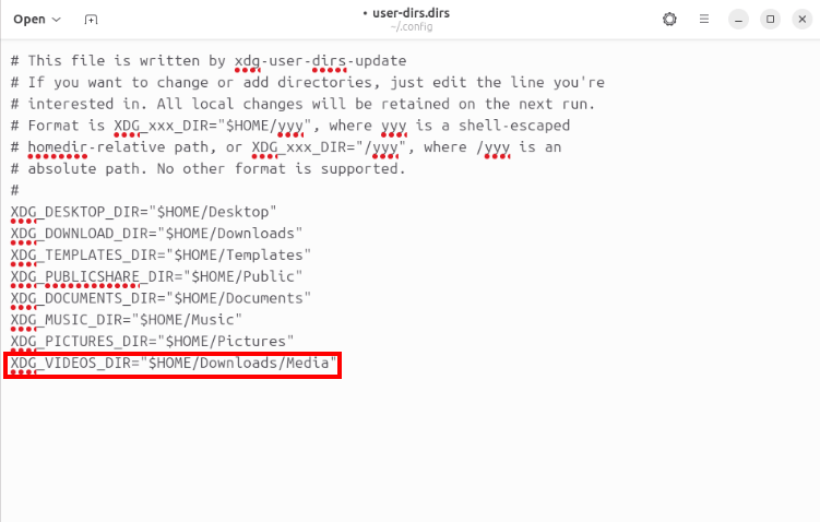 Снимок экрана, показывающий отредактированный файл user-dirs.