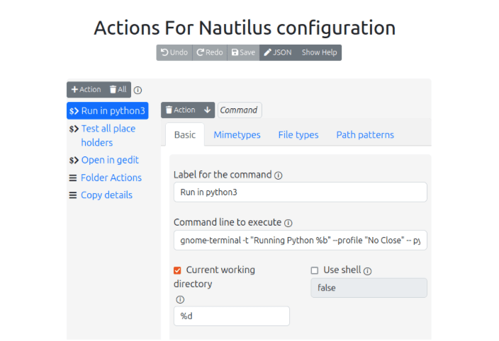 Снимок экрана, показывающий страницу конфигурации «Действия для Nautilus».