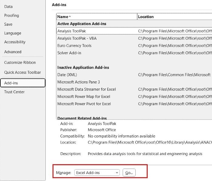 Просмотр всех установленных надстроек Excel.