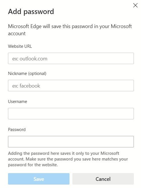 Добавление нового пароля в Microsoft Edge на ПК.