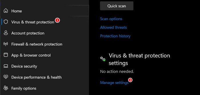 Нажмите «Управление настройками» в разделе «Защита от вирусов и угроз» в «Безопасности Windows».