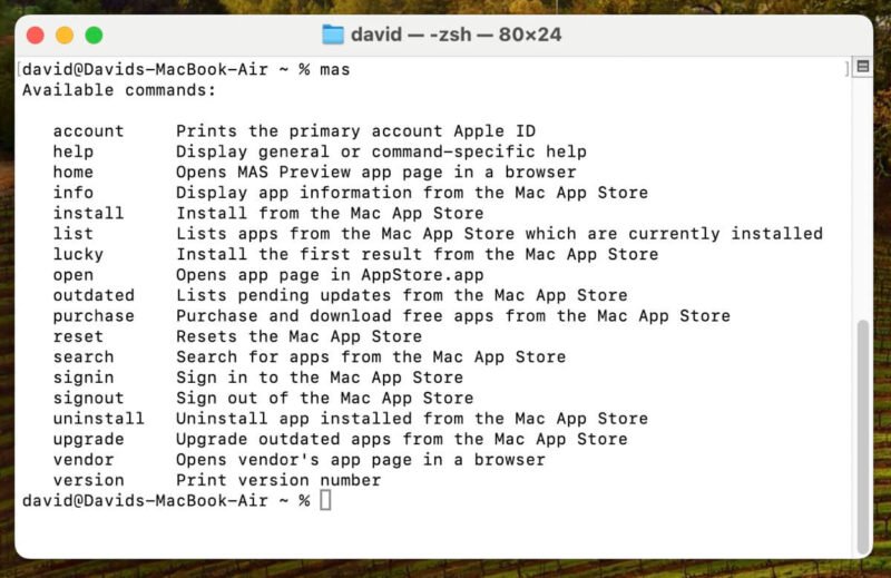 Инструмент Mas со списком всех доступных команд в терминале