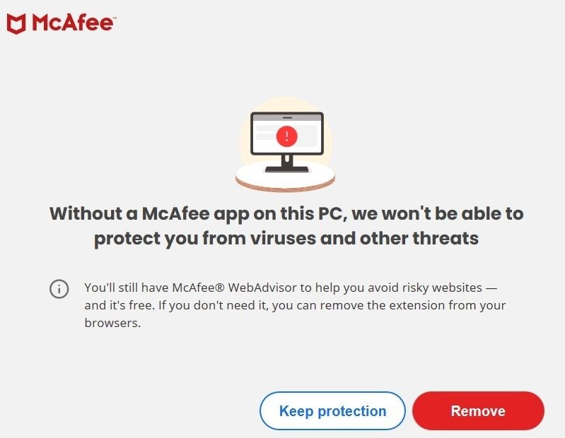 Нажмите кнопку «Удалить», чтобы подтвердить удаление McAfee.