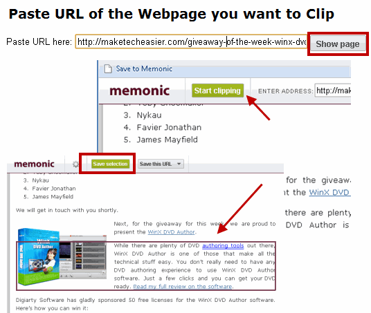 Используйте Memonic для вырезания частей веб-страницы