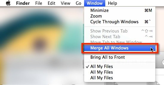 Вы можете объединить несколько окон Finder из меню «Окно».