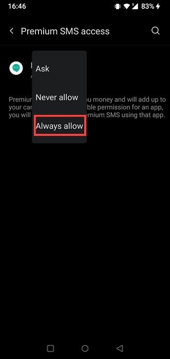Включение «Всегда разрешать» для доступа к Премиум SMS для приложения «Сообщения» на Android.