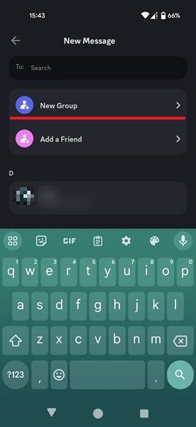 Выбор опции «Новая группа» в приложении Discord для Android.