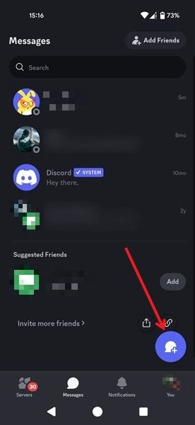 Нажмите на значок нового сообщения в приложении Discord для Discord.