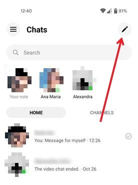 Нажатие на значок карандаша в приложении Facebook Messenger для Android.