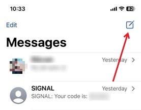 Нажатие на значок карандаша в приложении iMessage.