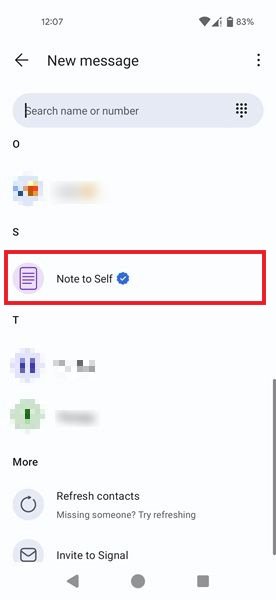 Нажатие на опцию «Заметка для себя» в приложении Signal для Android.