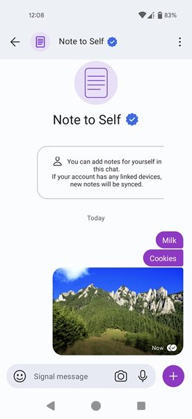 Отправка заметок самому себе в приложении Signal для Android.
