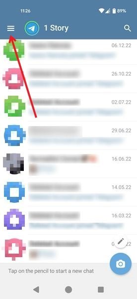 Нажатие на гамбургер-меню в Telegram для Android.