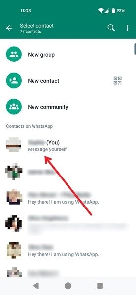 Выбор сообщения самому себе в WhatsApp для Android.