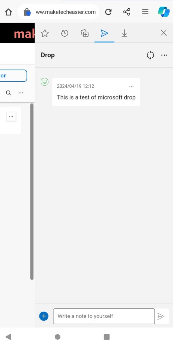 Открыта панель Microsoft Drop Mobile Edge Drop