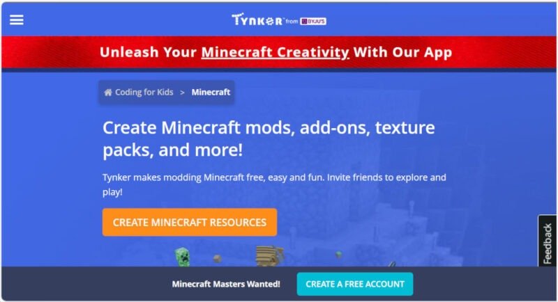 Сайт Tynker для моддинга Minecraft.