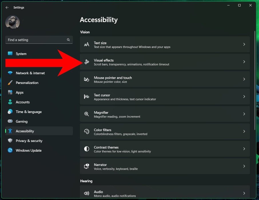 Нажмите на опцию «Визуальные эффекты» в разделе «Доступность» в настройках.